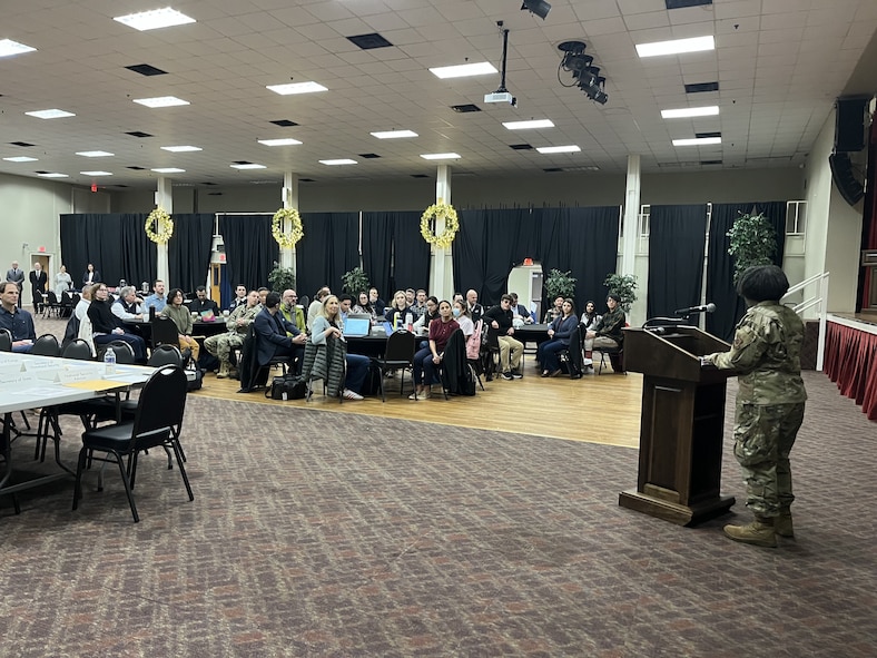 U.S. Air Force Brig. Gen. Gwendolyn A Foster, 59th Medical Wing Commander, addresses attendees during a science and technology symposium hosted by the 59th Medical Wing at Joint Base San Antonio–Lackland, Texas, on Jan. 6, 2026.