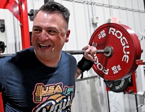Tech. Sgt. Zackary George trains at Hanscom Air Force Base, Mass., Oct. 28. George recently won first place in USA Power Lifting’s Masters 1 Division and fifth place in its Raw Open with a combined total lift of 1,407.6 pounds. George is a program manager for Kessel Run’s Patriot Excalibur. Kessel Run is part of the Department of the Air Force’s Program Executive Office for Command, Control, Communications and Battle Management. Kessel Run is a division that delivers resilient command and control and targeting software capabilities that provide warfighters with decision advantage. (Official Air Force Photo by Richard Blumenstein)