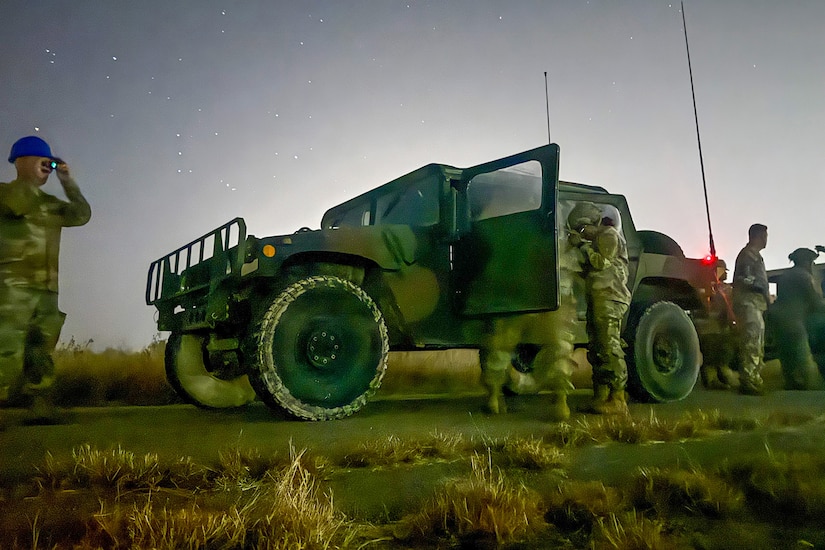 Soldiers assigned to the 2-382nd Logistic Support Battalion, 85th U.S. Army Reserve Support Command, prepare for a night driver’s training exercise at Fort Hood, Texas, December 14, 2025 during the Mustangs Challenge.