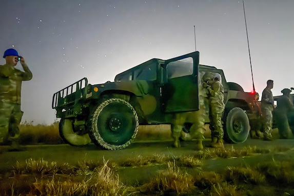 Soldiers assigned to the 2-382nd Logistic Support Battalion, 85th U.S. Army Reserve Support Command, prepare for a night driver’s training exercise at Fort Hood, Texas, December 14, 2025 during the Mustangs Challenge.