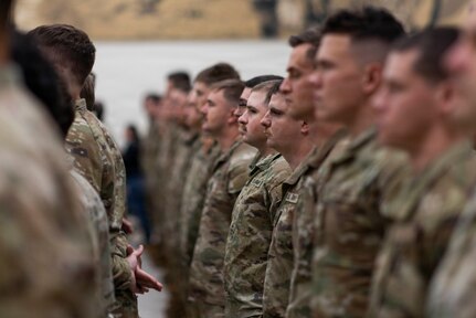 Friends, family and Oklahoma National Guard leaders gathered for a farewell ceremony held in Mustang, Oklahoma, Monday, Dec. 1, 2025, for nearly 160 Oklahoma Guardsmen for their upcoming mission to Washington, D.C. in support of the D.C. Safe and Beautiful mission. Oklahoma Gov. Kevin Stitt authorized Oklahoma Guardsmen as part of Task Force Thunder to volunteer for the mission, which is scheduled to last approximately 90 days. (Oklahoma National Guard photo by Sgt. Haden Tolbert)