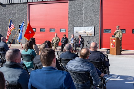 Brig. Gen. Colby Wyatt, director of the joint staff for the Oklahoma National Guard, speaks to a crowd in Weatherford, Oklahoma, Dec. 3, 2025, during a ribbon-cutting ceremony commemorating the establishment of the Weatherford Regional Training Facility. The new co-use facility, which is part of a broader effort to expand Oklahoma Guard presence and reintegrate units back into rural communities, will serve as an emergency management hub for western Oklahoma and will be utilized by both Weatherford officials and Alpha Battery, 158th Field Artillery Regiment, 45th Field Artillery Brigade. (Oklahoma National Guard photo by Leanna Maschino)