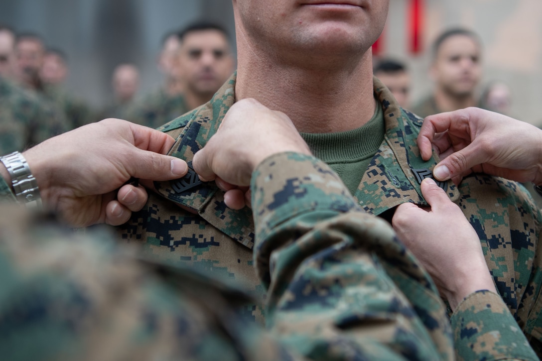 Master Sgt. Cord E. Burgan, is redesignated to the rank of first sergeant at the National Museum of the Marine Corps Jan. 5, 2025.

The E-8 redesignation pilot program allows qualified master sergeants to apply for the first sergeant military occupational specialty, opening new leadership opportunities for experienced Marines.