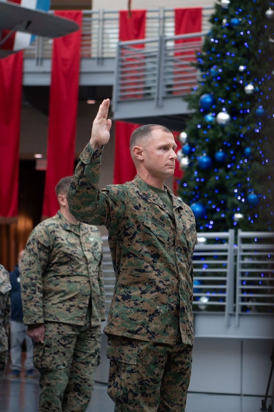 Master Sgt. Cord E. Burgan, is redesignated to the rank of first sergeant at the National Museum of the Marine Corps Jan. 5, 2025.