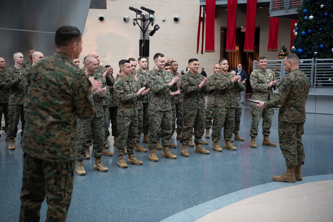 Master Sgt. Cord E. Burgan, is redesignated to the rank of first sergeant at the National Museum of the Marine Corps Jan. 5, 2025.

The E-8 redesignation pilot program allows qualified master sergeants to apply for the first sergeant military occupational specialty, opening new leadership opportunities for experienced Marines.