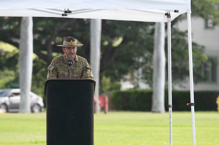 Australian Army Maj. Gen. Giles J. S. Cornelia, deputy commanding general for strategy and plans, U.S. Army Pacific, delivers remarks during a Flying V ceremony at historic Palm Circle, Fort Shafter, Hawaii, Jan. 6, 2026.