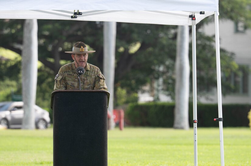 Australian Army Maj. Gen. Giles J. S. Cornelia, deputy commanding general for strategy and plans, U.S. Army Pacific, delivers remarks during a Flying V ceremony at historic Palm Circle, Fort Shafter, Hawaii, Jan. 6, 2026.