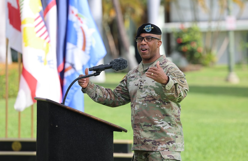 U.S. Army Gen. Ronald P. Clark, commanding general, U.S. Army Pacific, delivers opening remarks during a Flying V ceremony at Fort Shafter, Hawaii, Jan. 6, 2026.