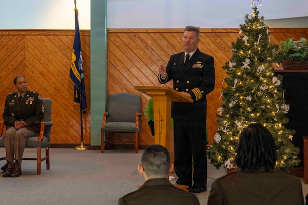 251216-N-JC800-1013 YORKTOWN, Virginia (Dec. 16, 2025) - Capt. James Corbett, commanding officer of Naval Medical Leader and Professional Development Command, give words of encouragement during the graduation ceremony for the Tri-Service Optician School Class 25010, Dec. 16. (U.S. Navy photo by Mass Communication Specialist 1st Class Heath Zeigler/Released)