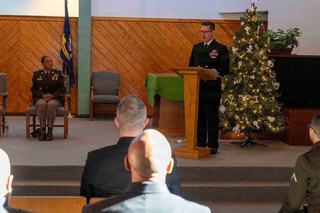 251216-N-JC800-1136 YORKTOWN, Virginia (Dec. 16, 2025) - Cmdr. Joshua Keil, Dean, Tri-Service Optician School, gives a speech during the graduation ceremony for the TOPS Class 25010, Dec. 16. (U.S. Navy photo by Mass Communication Specialist 1st Class Heath Zeigler/Released)