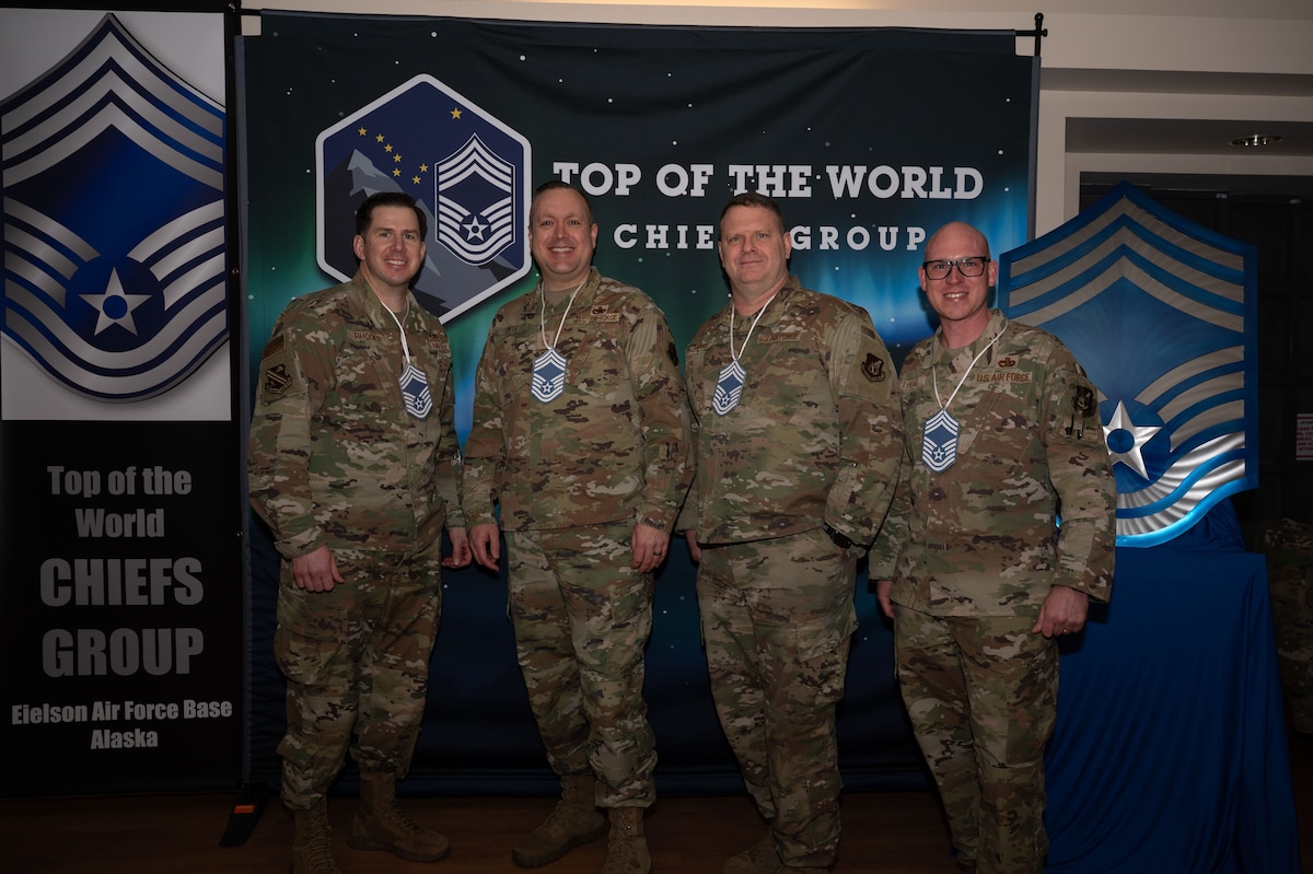 The 354th Fighter Wings newest chief master sergeants, pose for a photo at Eielson Air Force Base, Alaska, Jan. 6, 2026.