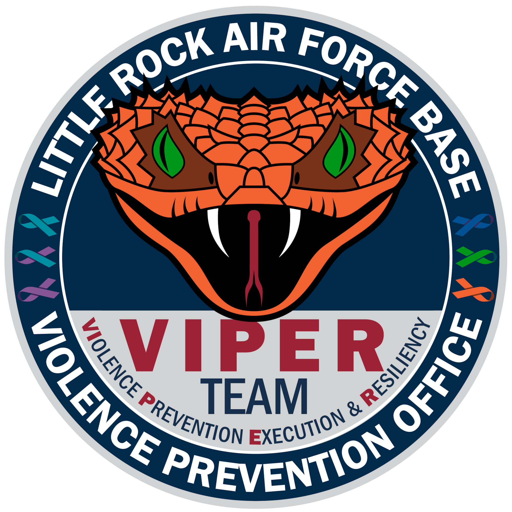 A graphic depicting a viper surrounded by text for the violence prevention office.
