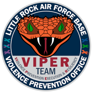 A graphic depicting a viper surrounded by text for the violence prevention office.