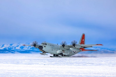 ANTARCTICA (Dec. 23, 2025) — A LC-130 Skibird takes off in Antarctica. The New York National Guard's 109th Airlift Wing flies the LC-130 in support of Operation Deep Freeze, supporting the National Science Foundation in Antarctica. The LC-130...