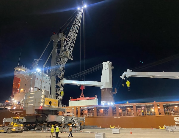 Cargo is loaded onto the Military Sealift Command chartered heavy lift ship Plantijngracht, in preparation for delivery to the remote Antarctica outpost of McMurdo Station, in support of the annual resupply mission; Operation Deep Freeze 2026.