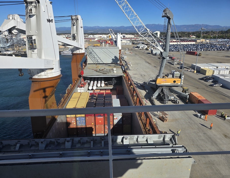 Cargo is loaded onto the Military Sealift Command chartered heavy lift ship Plantijngracht, in preparation for delivery to the remote Antarctica outpost of McMurdo Station, in support of the annual resupply mission; Operation Deep Freeze 2026.