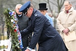 107th Mission Support Group Deputy Commander Lt. Col. Andrew Rodgers presents the presidential wreath on behalf of President Donald J. Trump at Millard Fillmore's gravesite, Jan. 7 2026, Buffalo, N.Y. 