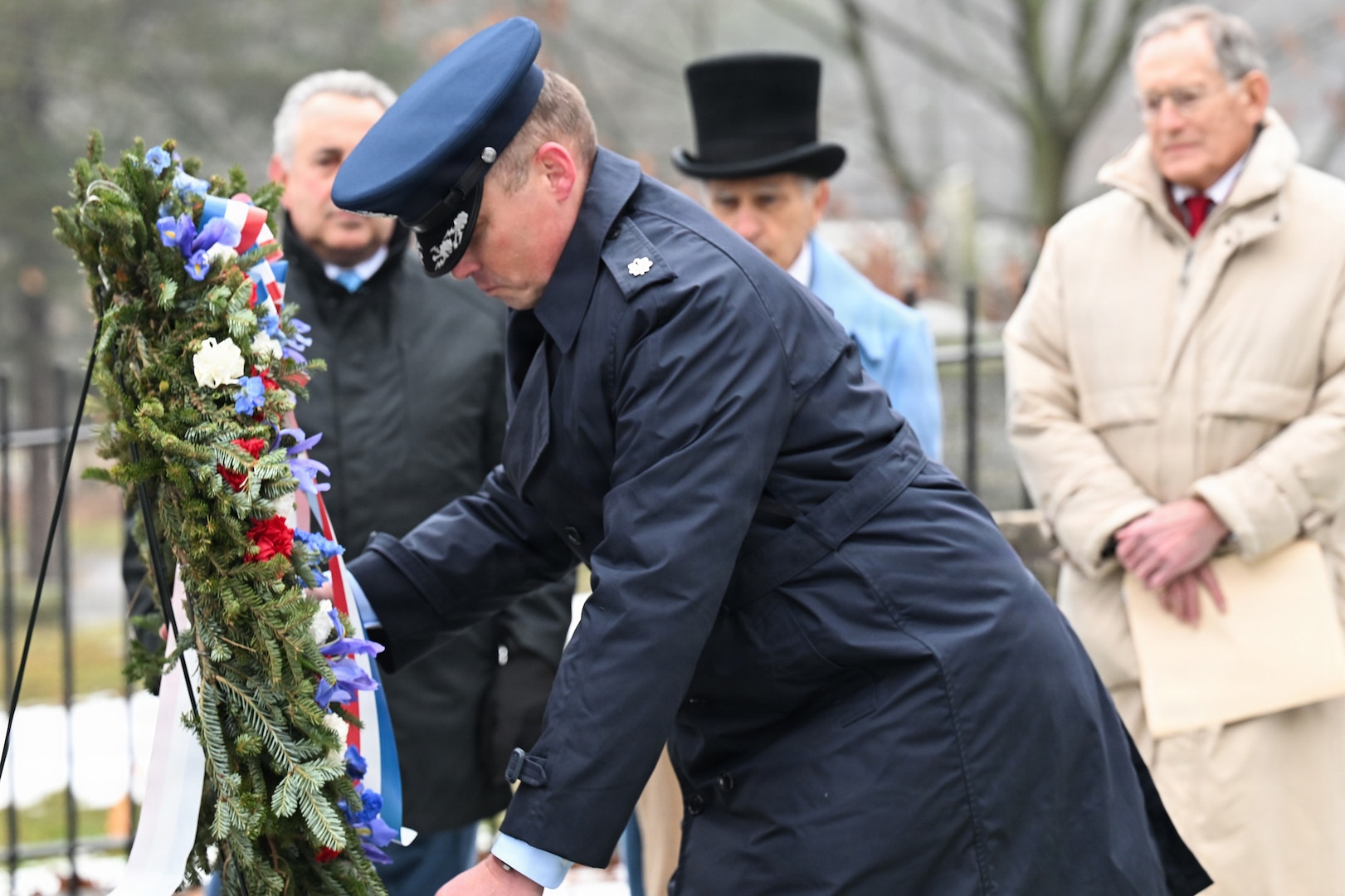 107th Mission Support Group Deputy Commander Lt. Col. Andrew Rodgers presents the presidential wreath on behalf of President Donald J. Trump at Millard Fillmore's gravesite, Jan. 7 2026, Buffalo, N.Y.