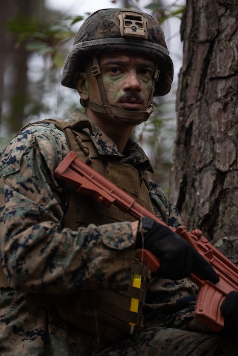 Cpl. Zachariah Ferraro, a combat photographer with Marine Corps Combat Service Support Schools, and a native of Michigan, posts security during a training event for a Marine Corps Martial Arts Instructor Course at Camp Gilbert H. Johnson.