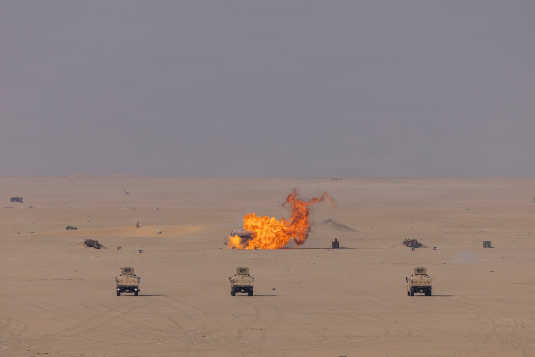 Task Force Shikra (3-4 AHB), 4th Combat Aviation Brigade participates in a live fire with AH-64D Apache attack helicopters during exercise Sky Shield at the Udari Range Complex, Kuwait, Dec. 5, 2025. Led by Kuwait, exercise Sky Shield is a counter-drone live fire exercise that included participation from the United States, Bahrain, and the United Kingdom. (U.S. Army Photo by Joe Kumzak).