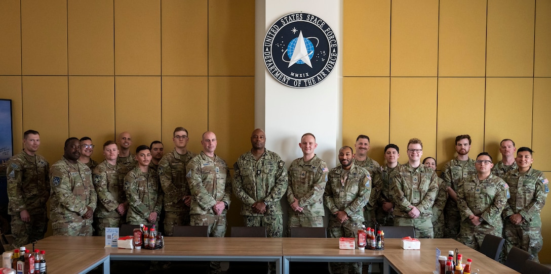 U.S. Navy Fleet Master Chief Lateef Compton, U.S. Central Command senior enlisted leader, visits Space Forces - Central Airmen and Guardians in the CENTCOM area of responsibility, Jan. 7, 2025. Compton got to know the service members and discussed the importance of their work in the AOR. (U.S. Air Force photo by Senior Airman Devlin Bishop)