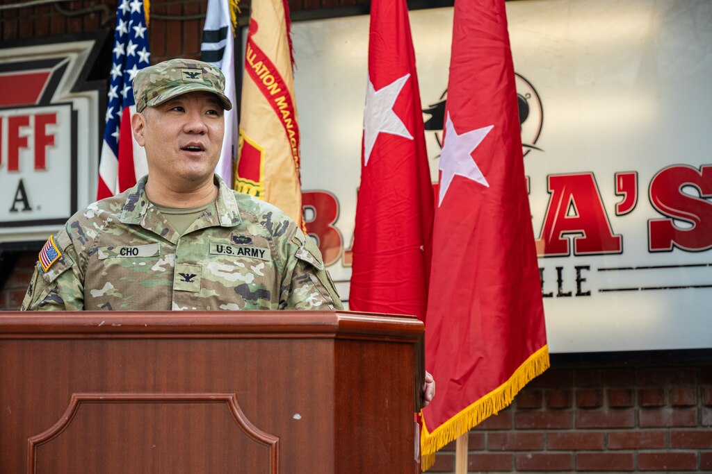 U.S. Army Col. Edward Cho, U.S. Army Garrison Yongsan-Casey commander, speaks during a ribbon cutting ceremony during the grand re-opening of the Warriors Club on Camp Casey, December 12, 2025. Originally built in 1989, the Warriors Club has been instrumental to the morale amongst Soldiers thousands of miles away from home by offering various food, games, and beverages during their time on the installation. (U.S. Army photo by Spc. Bryson Walker)
