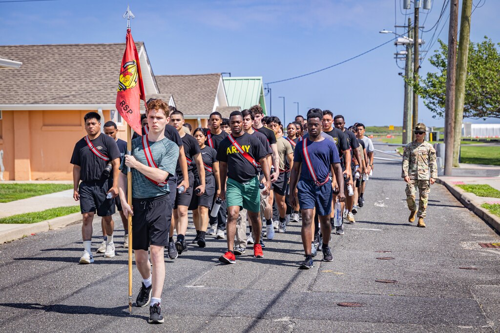 U.S. Army Staff Sgt. Daniel Ottwright, a drill sergeant with the Recruit Sustainment Program, Recruiting and Retention Battalion, New Jersey Army National Guard, marches a platoon at the National Guard Training Center in Sea Girt, New Jersey, July. 20, 2025. The Recruit Sustainment Program prepares newly enlisted Soldiers for Initial Entry Training by introducing Army values, basic soldier skills, and physical fitness. (U.S. Army National Guard photo by Sgt. Seth Cohen)