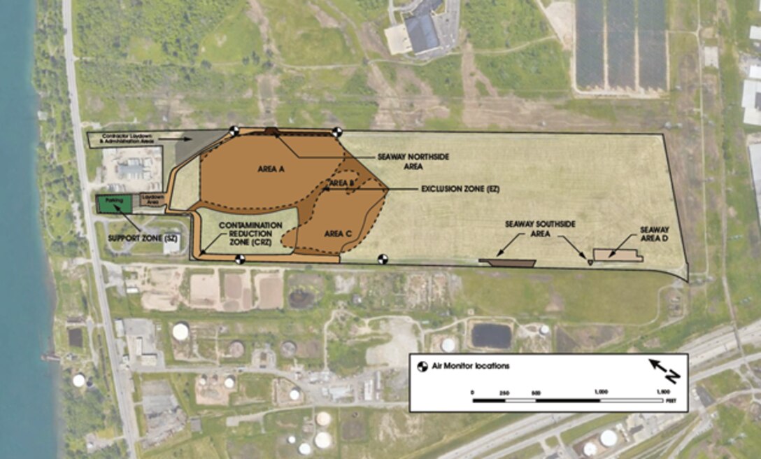 Map of the Seaway Site in Tonawanda, NY, illustrating Areas A, B, and C, contamination reduction and exclusion zones, Seaway Northside and Southside areas, support zones, and the locations of air monitors along the site perimeter.