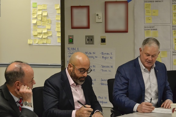 Defense Logistics Agency Troop Support Deputy Commander Christopher Mosher discusses the future of military logistics with Director of Business Process Support Kelvin Picorelli and Deputy Director of Operations and Plans Patrick “Spike” Owens