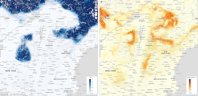 A screenshot of the GeoWATCH user interface showing northern New England frozen (left) and thawing soils (right). A new software tool called the Mud Threat Score provides military planners with real-time frozen ground and thaw predictions at 30-meter resolution, anytime, anywhere in the world.