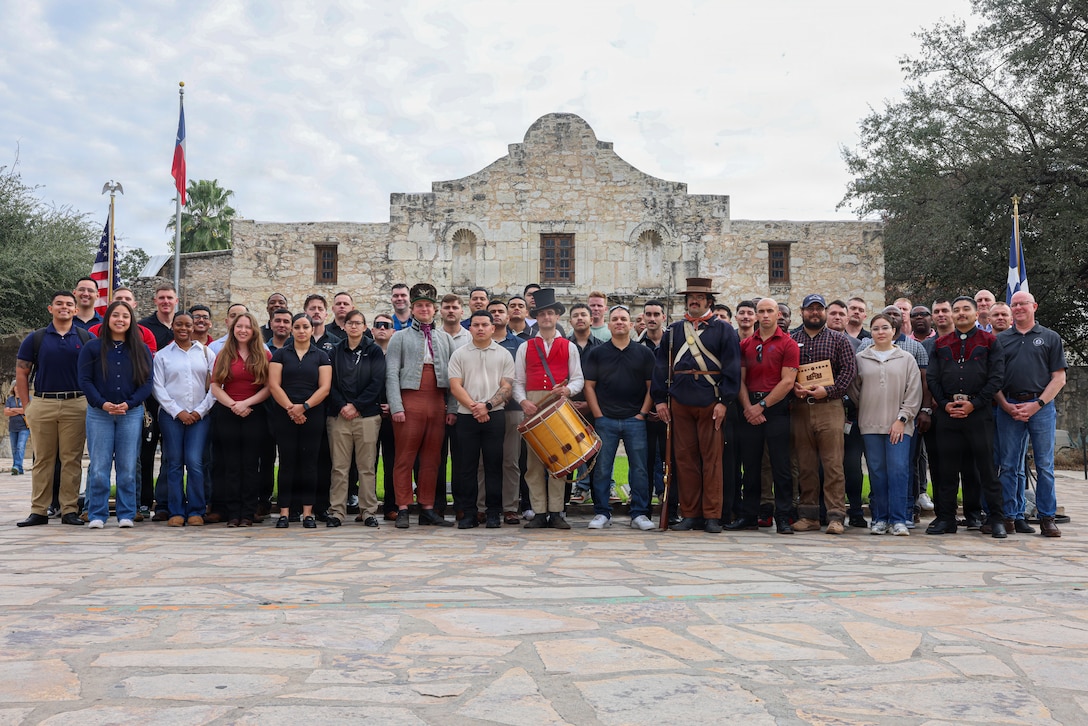 U.S. Marine Corps recruiters with 8th Marine Corps District (8MCD) tour the Alamo in San Antonio, Texas on Jan. 6, 2026. The staff provided the Marines with extensive knowledge of the history of the Alamo during a tour of the grounds during the 10-26 Pipehitters event. This event is conducted to recognize and celebrate the outstanding recruiters of 8MCD that have been carefully selected by their leaders.
(U.S. Marine Corps Photo by (Lance Cpl. Abram Maestre)