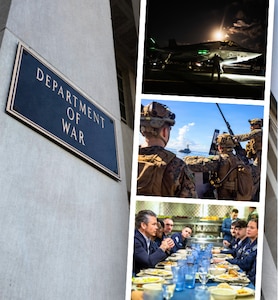 In a graphic, the Department of War sign is seen on a column on the left. On the right, three photos appear. The top shows a Marine using flashlights to guide a jet on a flight line. The middle shows three service members near a large machine gun on the deck of a ship. The bottom shows a person in civilian attire eating lunch with sailors.