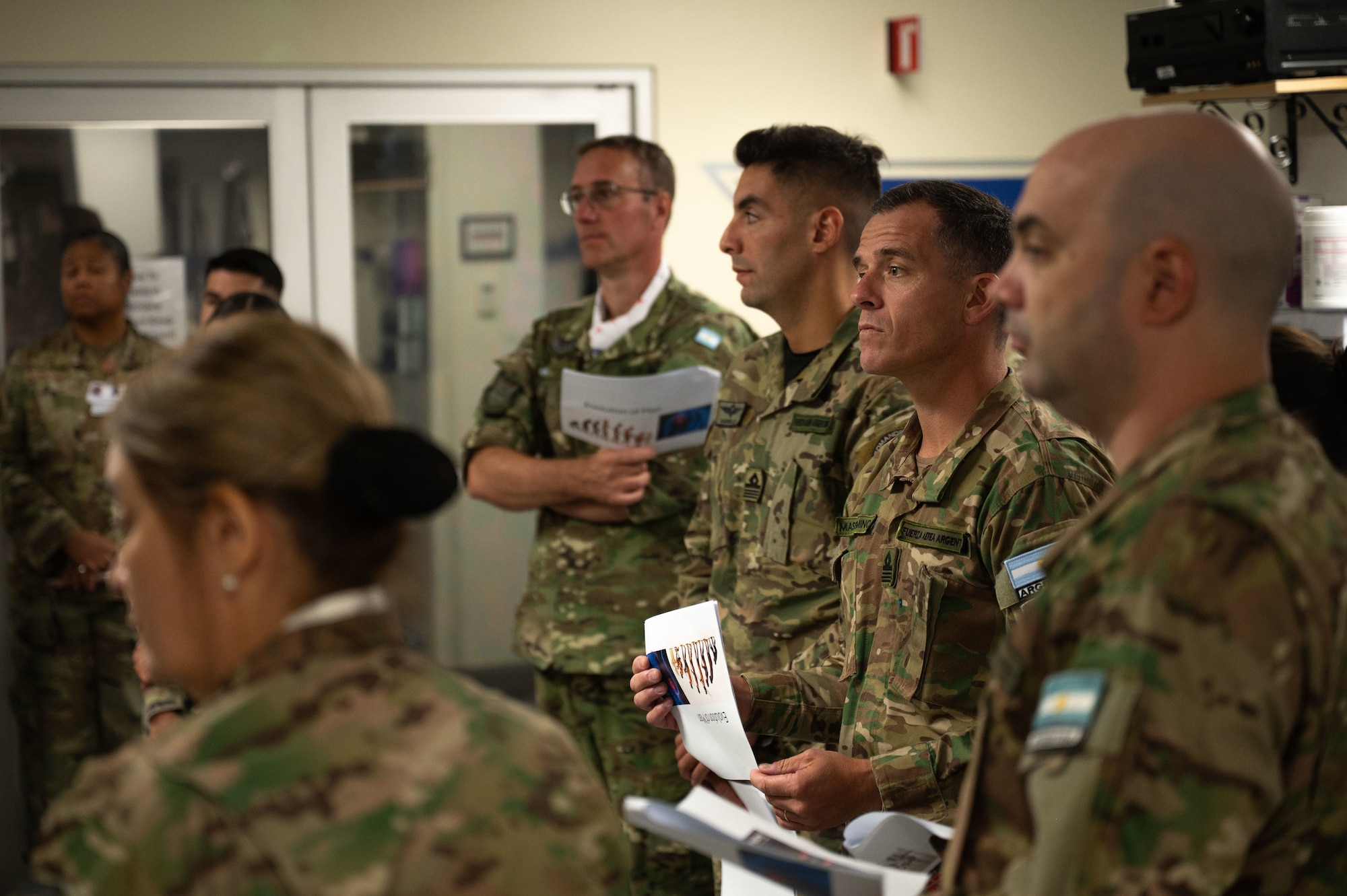 Argentine service members prepare for a flight medicine course at Davis-Monthan Air Force Base, Arizona, Jan. 6, 2026. The course supports joint training focused on the physical demands of operating fourth-generation fighter aircraft. (U.S. Air Force photo by Airman 1st Class Jaden Kidd)