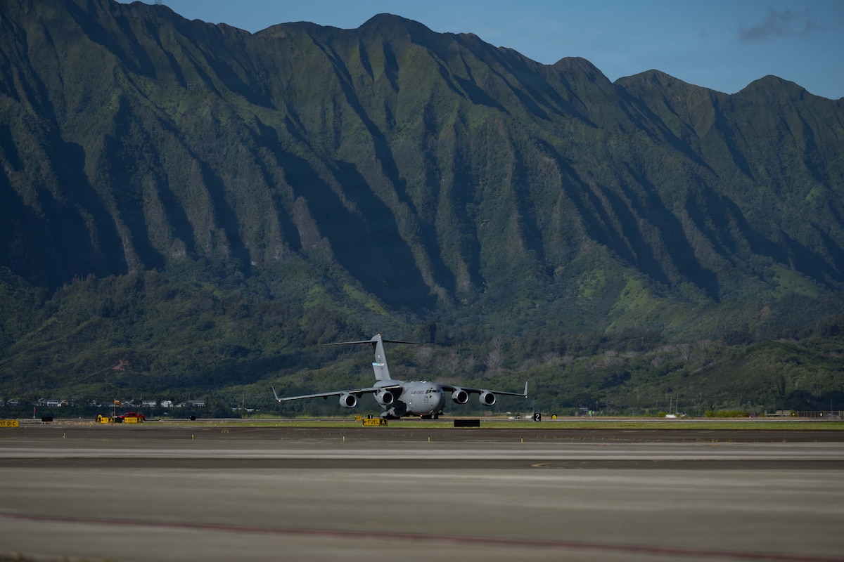 A U.S. Air Force C-17 Globemaster III assigned to Dover Air Force Base, Delaware, lands at Marine Corps Base Hawaii, Hawaii to participate in an Integrated Combat Turn in support of exercise Joint Pacific Multinational Readiness Center 26-1, Nov. 6, 2025. Exercise JPMRC 26-01 is a large-scale joint and multinational exercise designed to train units and leaders in the region’s complex and austere jungle, arctic, and archipelago environments, replicating real-world conditions. JPMRC is a key way the Army contributes to Integrated Deterrence and regional security in the Indo-Pacific, training thousands of combat credible forces in the region.
