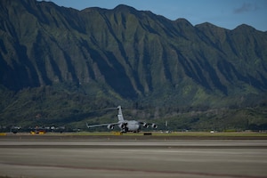 A U.S. Air Force C-17 Globemaster III assigned to Dover Air Force Base, Delaware, lands at Marine Corps Base Hawaii, Hawaii to participate in an Integrated Combat Turn in support of exercise Joint Pacific Multinational Readiness Center 26-1, Nov. 6, 2025. Exercise JPMRC 26-01 is a large-scale joint and multinational exercise designed to train units and leaders in the region’s complex and austere jungle, arctic, and archipelago environments, replicating real-world conditions. JPMRC is a key way the Army contributes to Integrated Deterrence and regional security in the Indo-Pacific, training thousands of combat credible forces in the region.