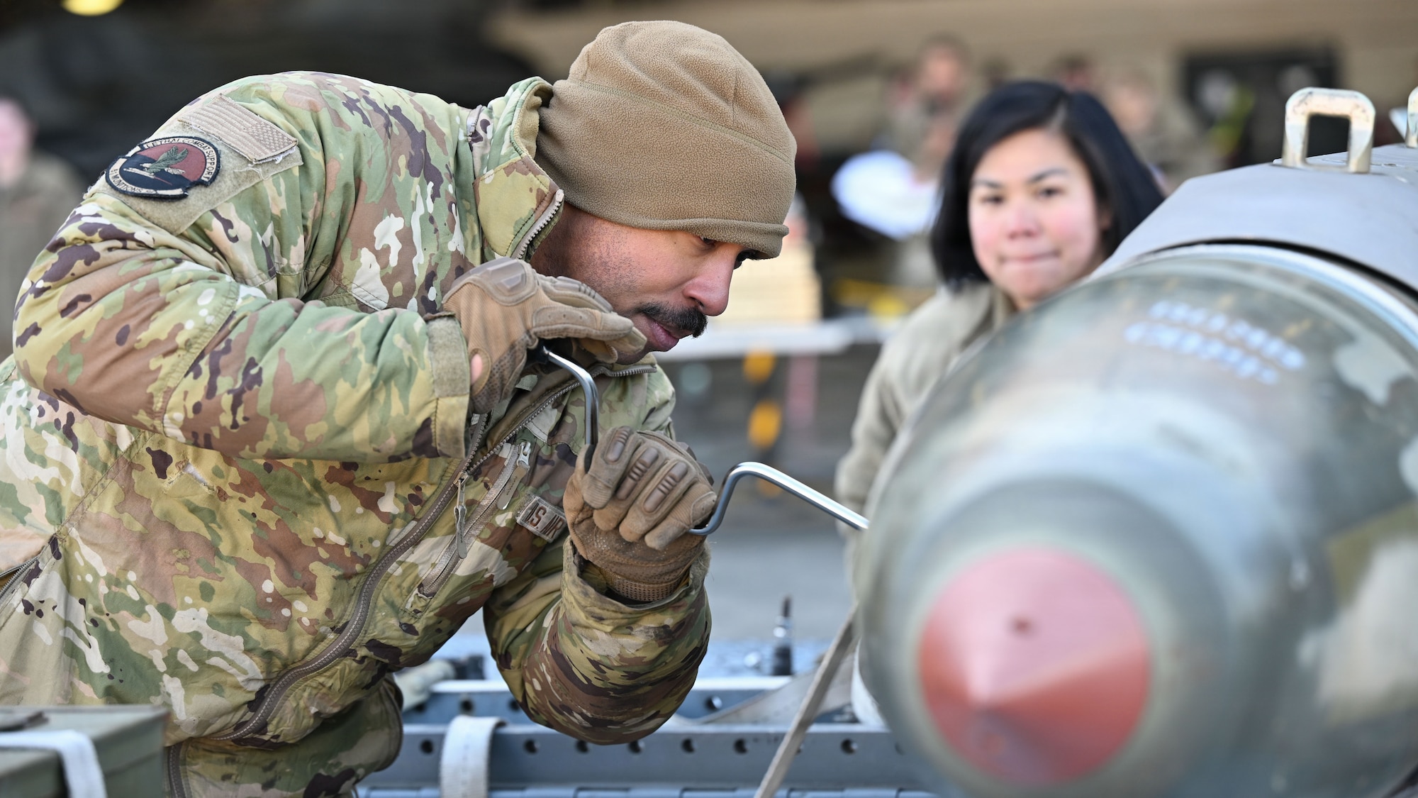 Members assigned to the 36th Fighter Generation Squadron assemble a GBU-31 during the 4th Quarter Ammo Bomb Build and Loading Competition at Osan Air Base, Republic of Korea, Jan. 8, 2026.