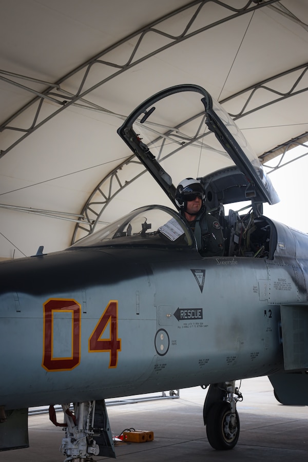 U.S. Marine Corps LtCol. Derek Heinz, director of safety and standardization, Marine Fighter Training Squadron (VMFT) 401, Marine Corps Air Station (MCAS) Yuma, waits for confirmation to proceed with flight on MCAS Yuma, Arizona, Sept. 18, 2025. VMFT-401 is an adversary squadron of the United States Marine Corps Reserve on MCAS Yuma that flies the F-5N Tiger II. 
(U.S. Marine Corps photo by Lance Cpl. Hannah Dodson)