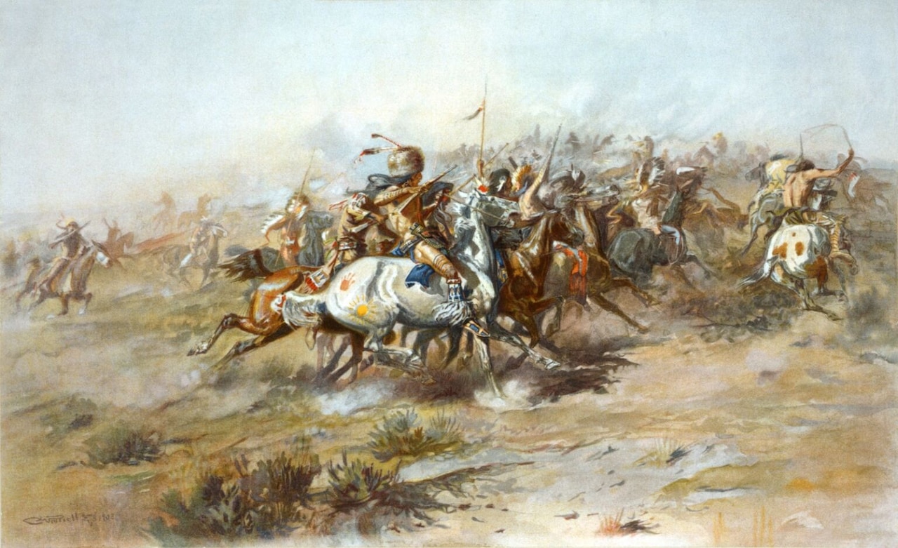 Horse-mounted Native American warriors gallop into battle.
