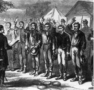 An illustration depicts men, right arms raised, being administered an oath.