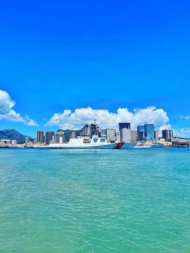 The crew of USCGC Kimball (WMSL 756) departs Honolulu, Sept. 3, 2025, to begin an Alaska Patrol in the Bering Sea. The crew was tasked with a multi-mission patrol focused on fisheries law enforcement to ensure sustainable practices and compliance with federal regulations. (U.S. Coast Guard photo by Lt. Kyle Carosotto)