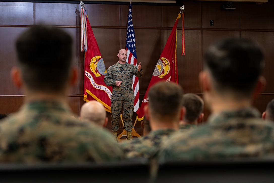 U.S. Marine Corps 1st Sgt. Joseph B. Stoker, an individual material readiness list coordinator with 4th Marine Aircraft Wing, speaks after being one of the first Marines to laterally transfer to first sergeant through the E-8 redesignation board pilot, at Marine Corps Support Facility, New Orleans, Jan. 7, 2025. The pilot allows qualified master sergeants to apply for redesignation as first sergeants, marking a significant milestone in expanding career pathways for Marines. (U.S. Marine Corps photo by Lance Cpl. Van Hoang)