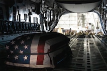 A photo of an empty casket sitting inside of a C-17 Globemaster III.