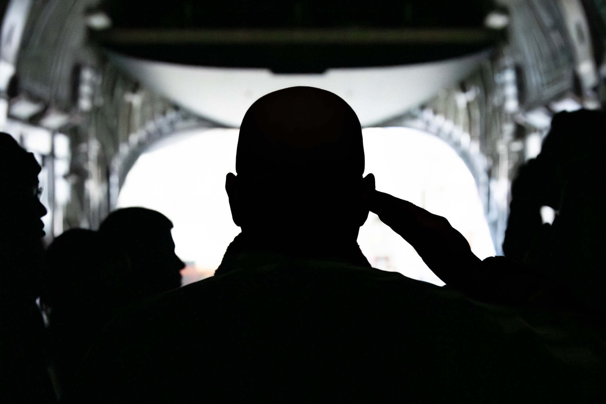 A photo of Airmen saluting over a casket in a C-17 Globemaster III.