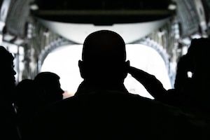 A photo of Airmen saluting over a casket in a C-17 Globemaster III.