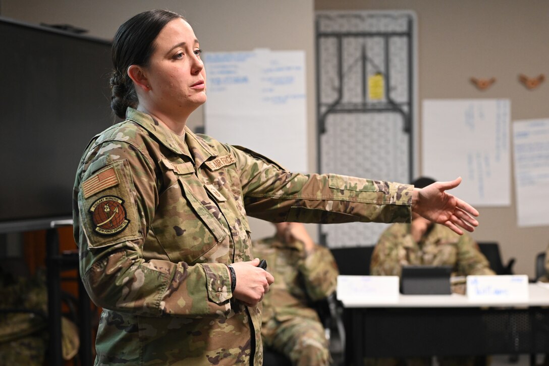 U.S. Air Force Master Sgt. Sydney Cox, 28th Force Support Squadron career development advisor, teaches a class at Ellsworth Air Force Base, S.D., Nov. 18, 2025.