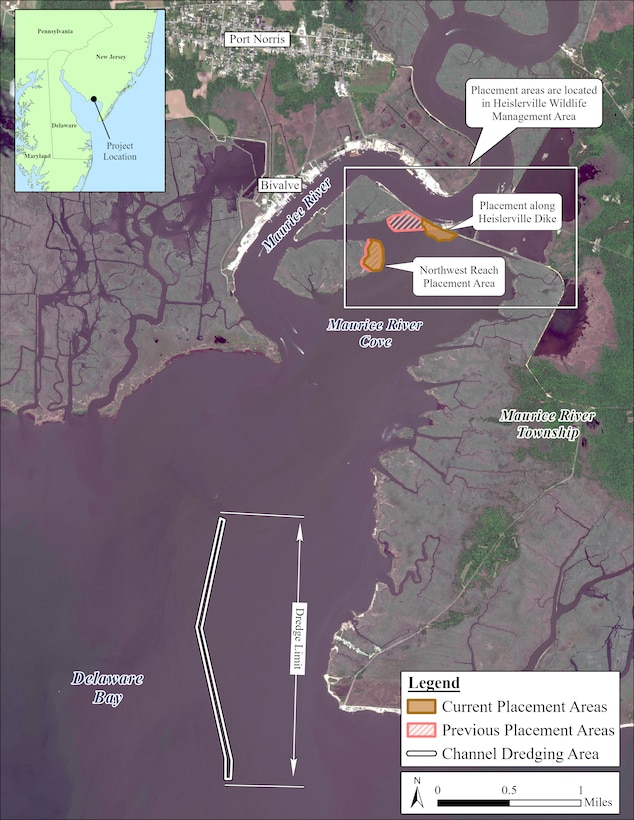 Map of upcoming maintenance dredging of the lower Maurice River in Cumberland County, N.J.