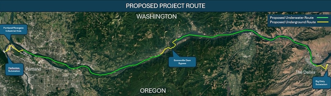 An image showing the proposed route from The Dalles to Portland.