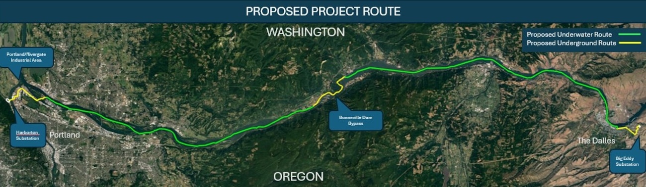 An image showing the proposed route from The Dalles to Portland.