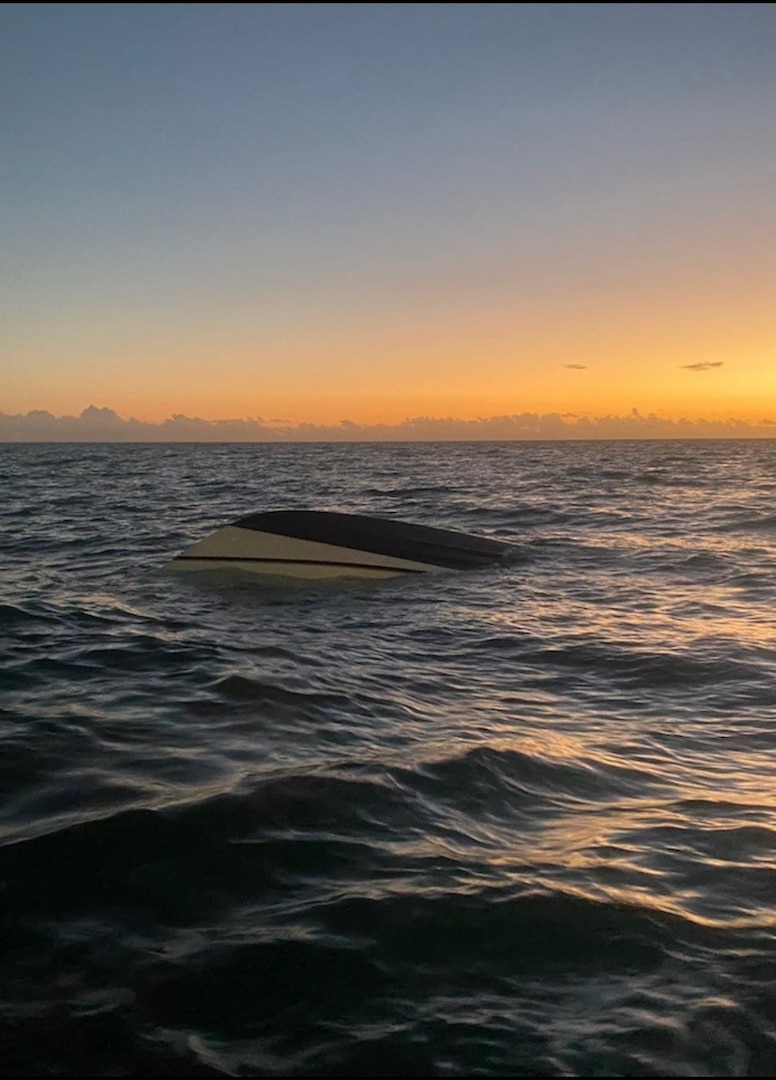 A Coast Guard Station Marathon boat crew rescued three boaters after their 21-foot vessel capsized approximately 12 miles north of Marathon, Jan. 10, 2026. The three boaters were in stable condition and safely transported back to Station Marathon with no injuries reported. (U.S. Coast Guard photo)