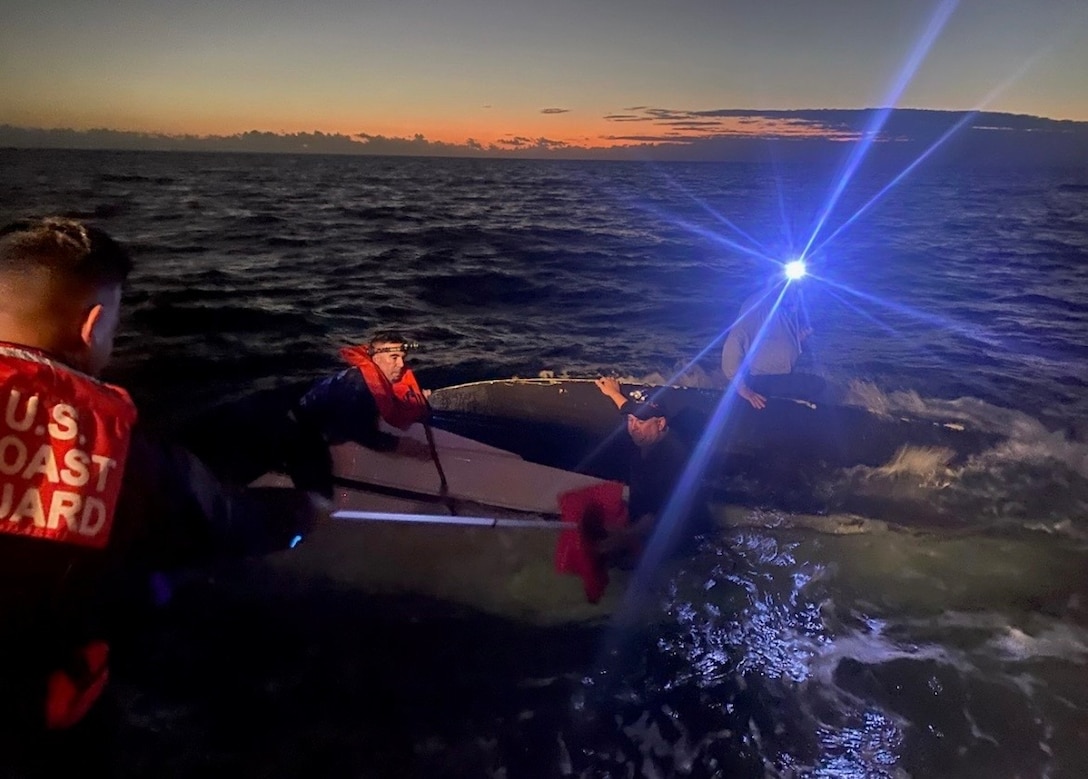 A Coast Guard Station Marathon boat crew rescued three boaters after their 21-foot vessel capsized approximately 12 miles north of Marathon, Jan. 10, 2026. The three boaters were in stable condition and safely transported back to Station Marathon with no injuries reported. (U.S. Coast Guard photo)